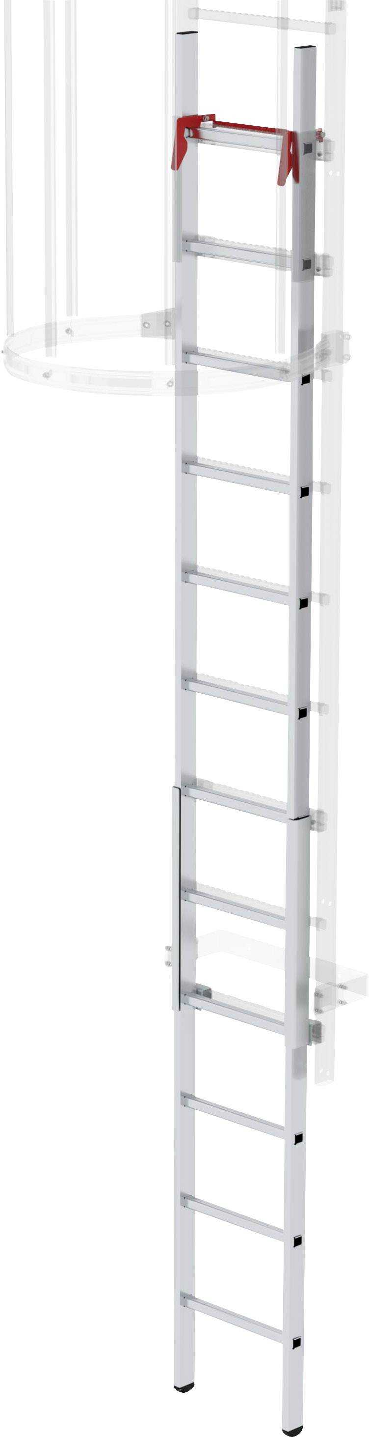 Eine gerade, mehrstufige Aluminiumleiter mit rotem Haken oben, zur Befestigung an einer Plattform oder einem Gebäude.