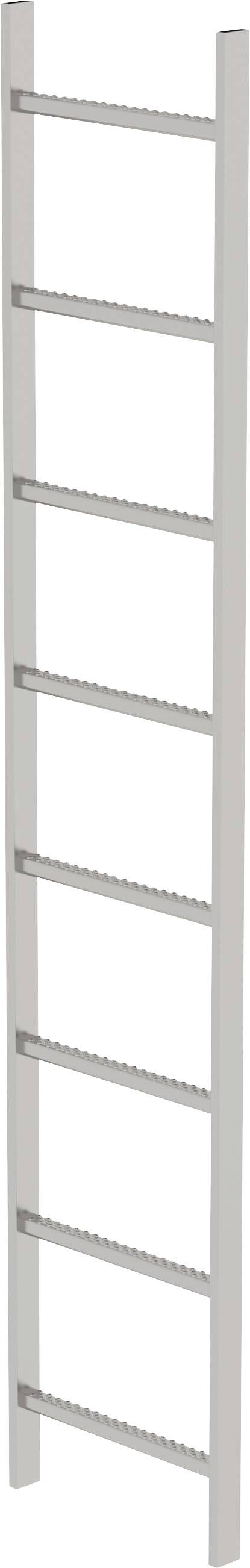 Eine weiße, vertikale Leiter mit sieben horizontalen Sprossen, steht ohne erkennbare Befestigung oder Stütze im Bild.