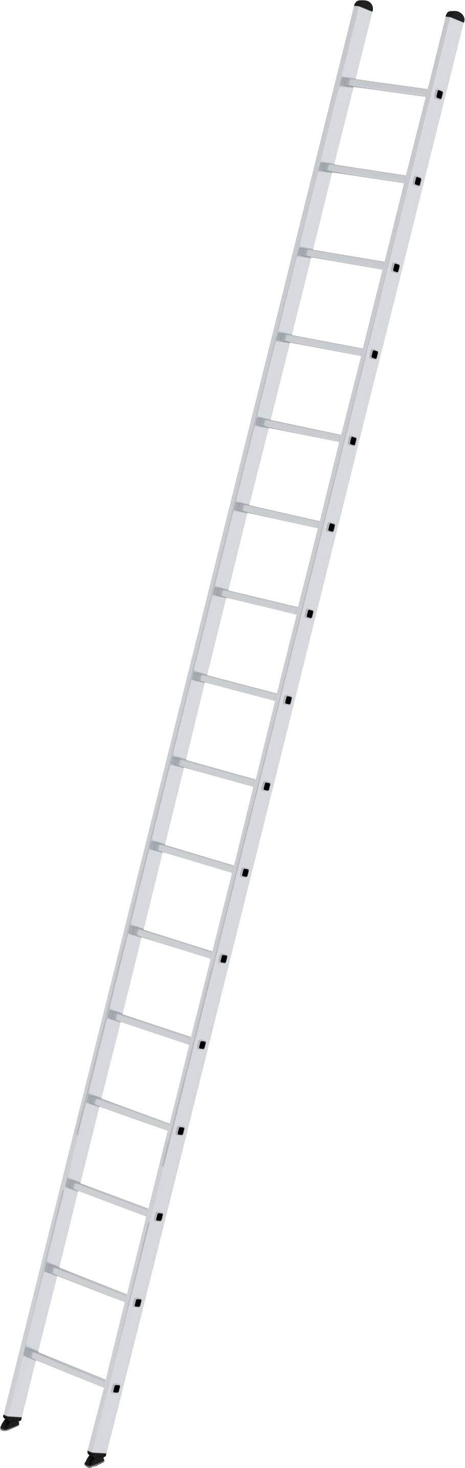 Eine lange, silberne Aluminiumleiter mit rutschfesten schwarzen Fußkappen, die gegen eine weiße Wand lehnt.