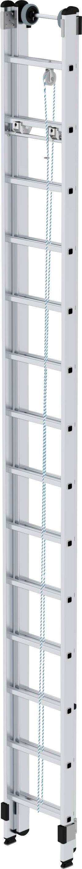 Eine lange, schmale Anlegeleiter aus Metall mit mehreren Sprossen und rutschfesten Enden, abgebildet aufrecht.