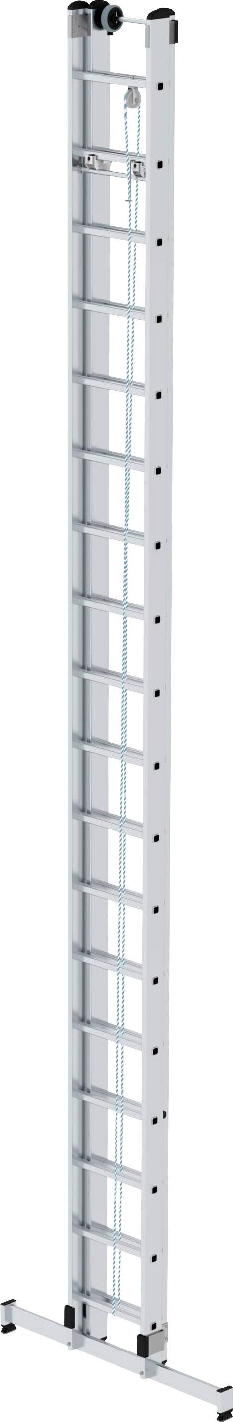 Eine silberne Teleskopleiter mit mehreren Sprossen steht vertikal aufrecht.