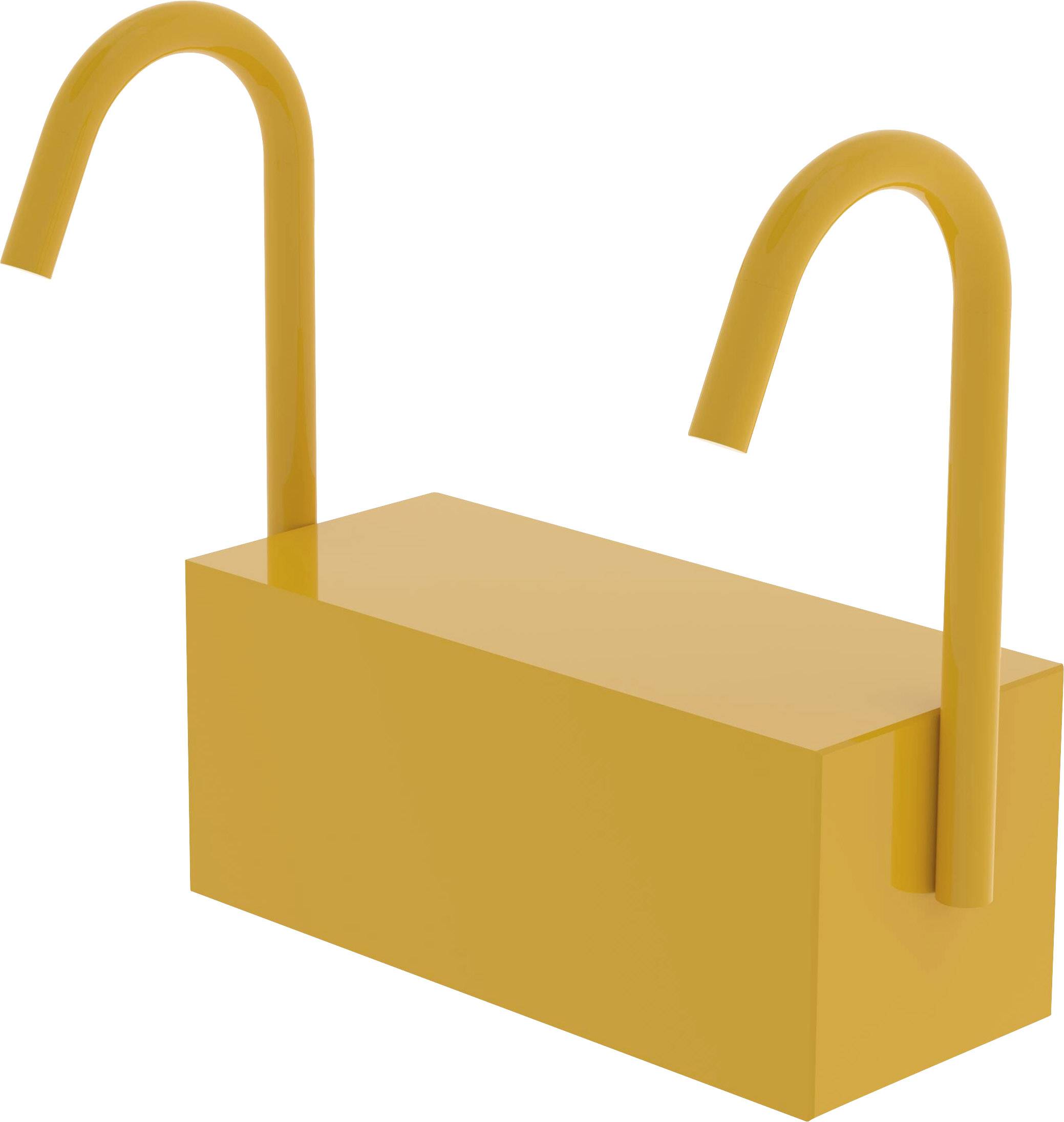 Ein orangefarbenes, rechteckiges Objekt mit zwei gebogenen Haken oben. Es erinnert an eine vereinfachte künstlerische Darstellung eines Hakens oder einer Brücke.