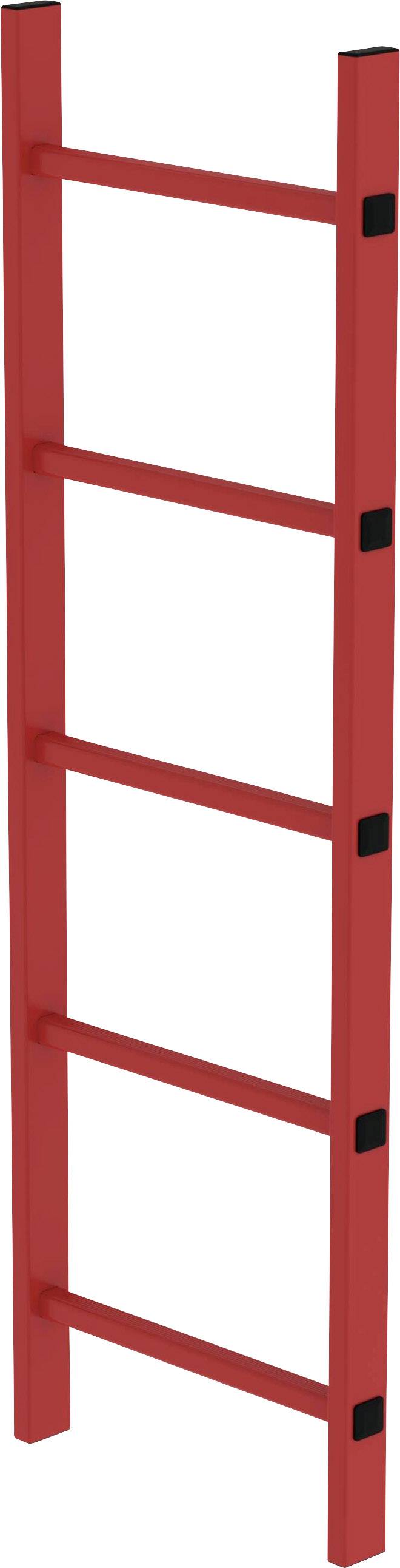 Rote Leiter mit sechs Sprossen, aufrecht stehend gegen einen weißen Hintergrund.