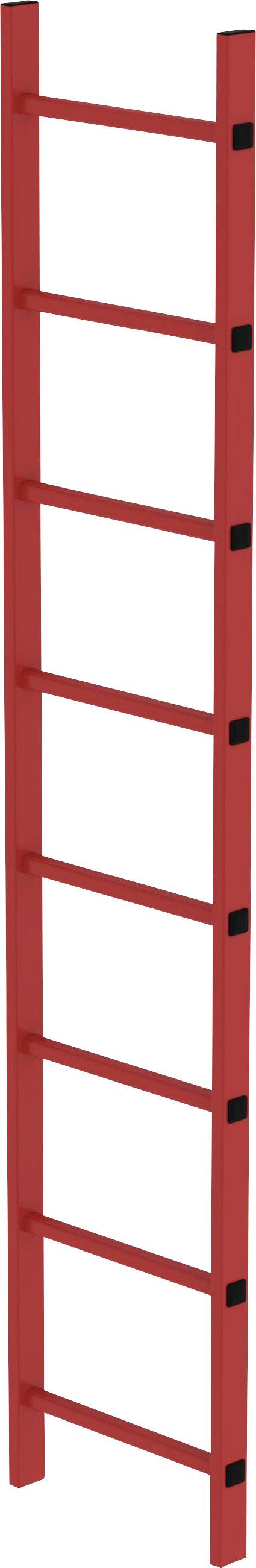Rote Holzleiter mit sieben Sprossen, stehend in vertikaler Position, ohne erkennbaren Hintergrund oder Kontext.