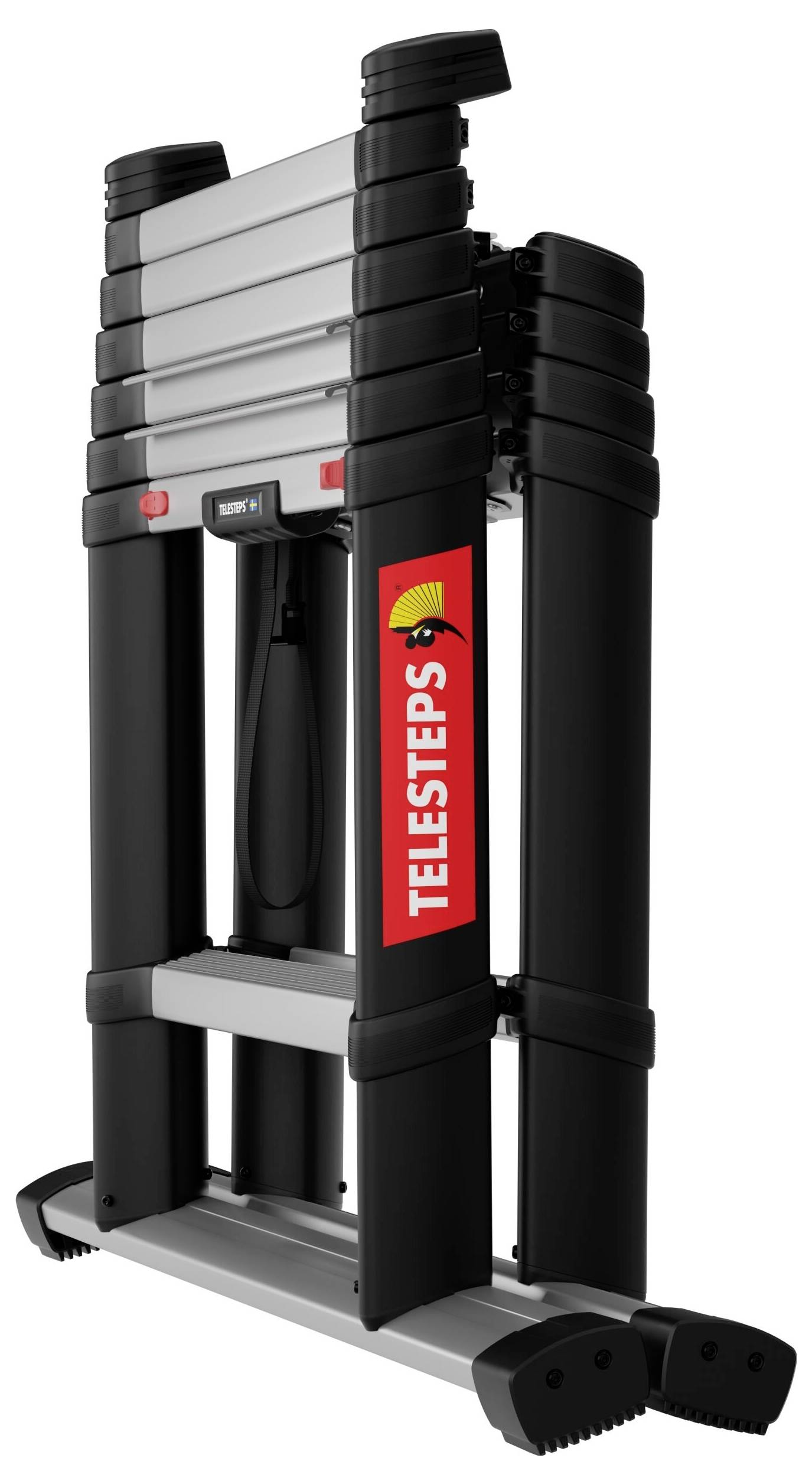 Zusammengeklappte, teleskopische Leiter mit schwarzem und silbernem Design, rotem 'Telesteps'-Logo in der Mitte des seitlichen Balkens.