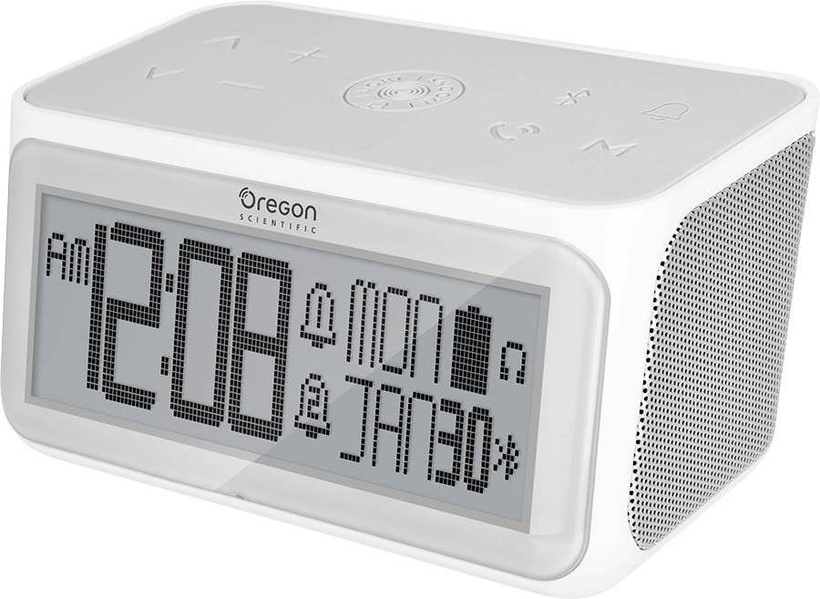 Digitaler Wecker mit großem Display zeigt '12:08 AM', Montag, 30. Januar. Hat Lautsprecher an der Seite und Touch-Tasten oben.