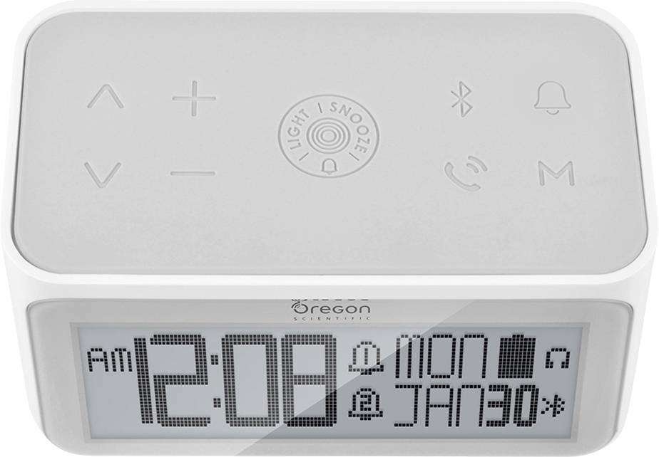 Ein digitaler Wecker zeigt '12:08' Uhr an. Das Datum ist Montag, 30. Januar. Oben befinden sich Symbole für Lautstärke, Licht und Alarm.