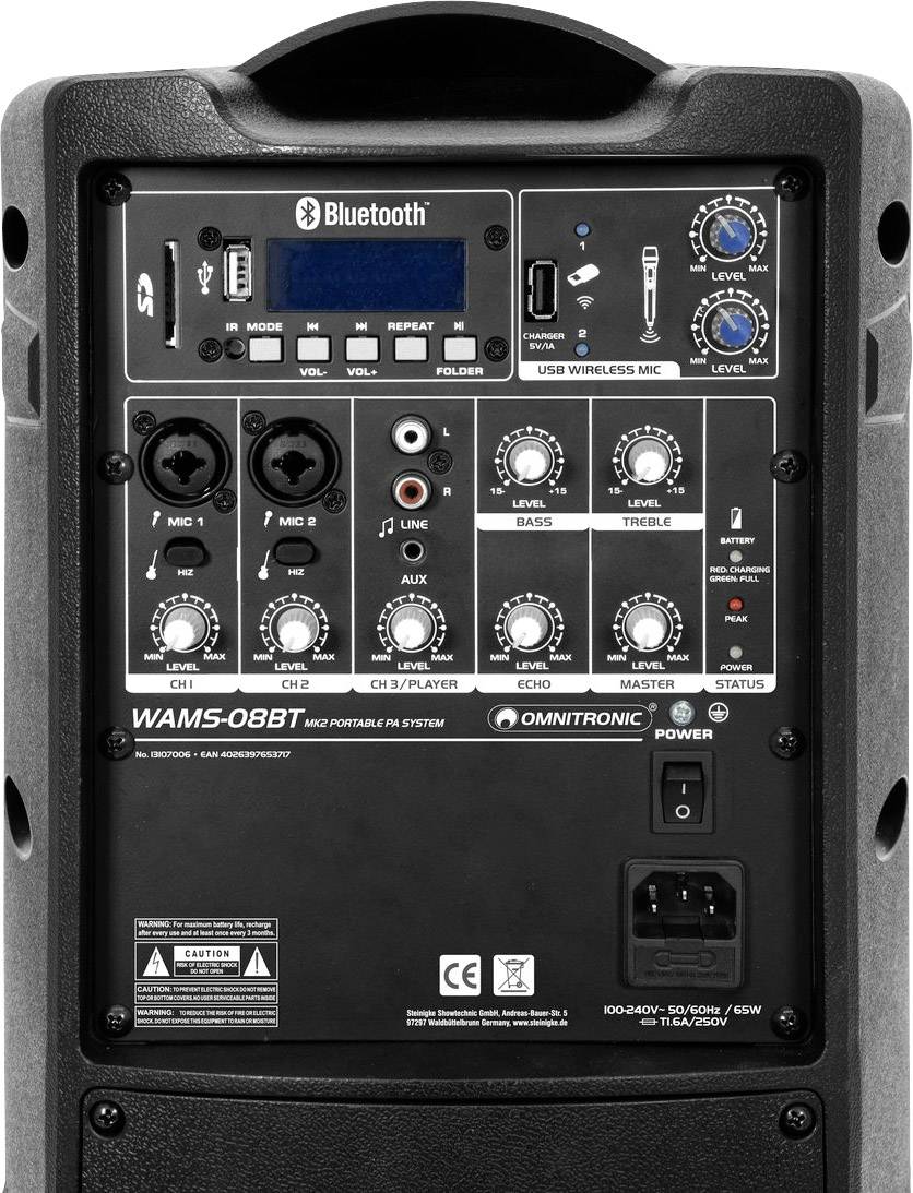 Omnitronic WAMS-08BT MK2 Aktiver PA Lautsprecher Bluetooth, Integrierter MP3-Player, Kabellos