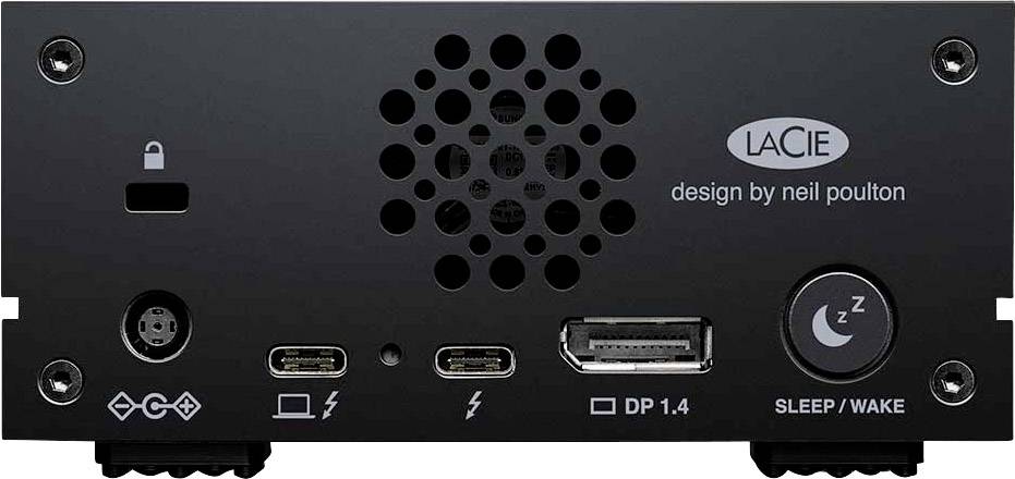 Rückseite eines LaCie-Geräts mit verschiedenen Anschlüssen: Stromversorgung, USB-C, DisplayPort 1.4 und Sleep/Wake-Taste; Design von Neil Poulton.
