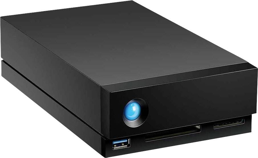 Externe Festplatte in rechteckigem, schwarzem Gehäuse mit blauem Indikatorlicht. Enthält USB-Anschluss und Speicherkartensteckplätze.