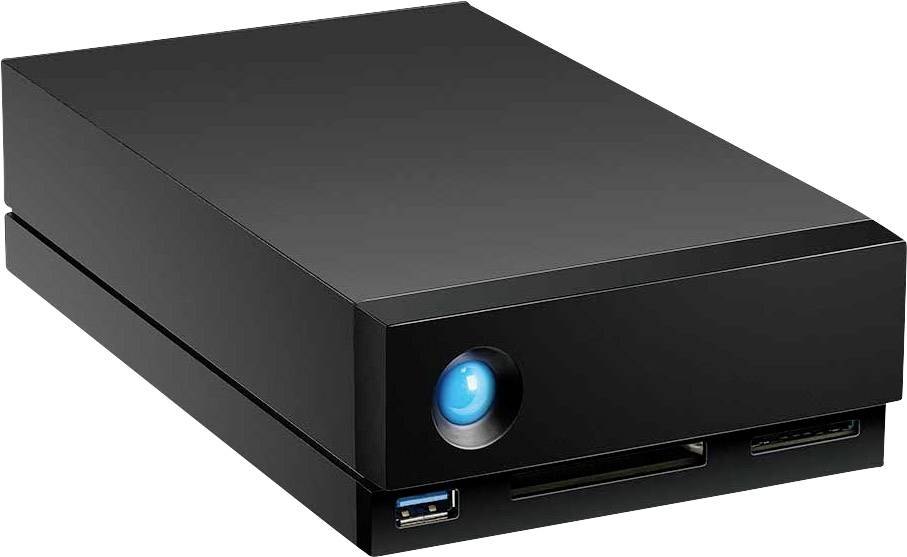 Externe Festplatte in schwarzem Gehäuse mit einem blauen LED-Licht auf der Vorderseite.