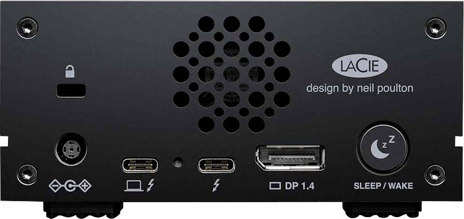 Rückseite einer LaCie-Festplatte, entworfen von Neil Poulton, mit Anschlüssen: USB-C, DisplayPort 1.4, Stromversorgung und Sleep/Wake-Taste.