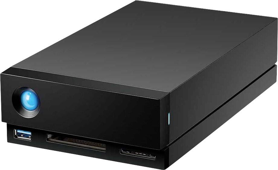 Eine externe Festplatte in rechteckiger Form mit einer blauen Leuchte an der Vorderseite. Sie hat mehrere Anschlussmöglichkeiten.