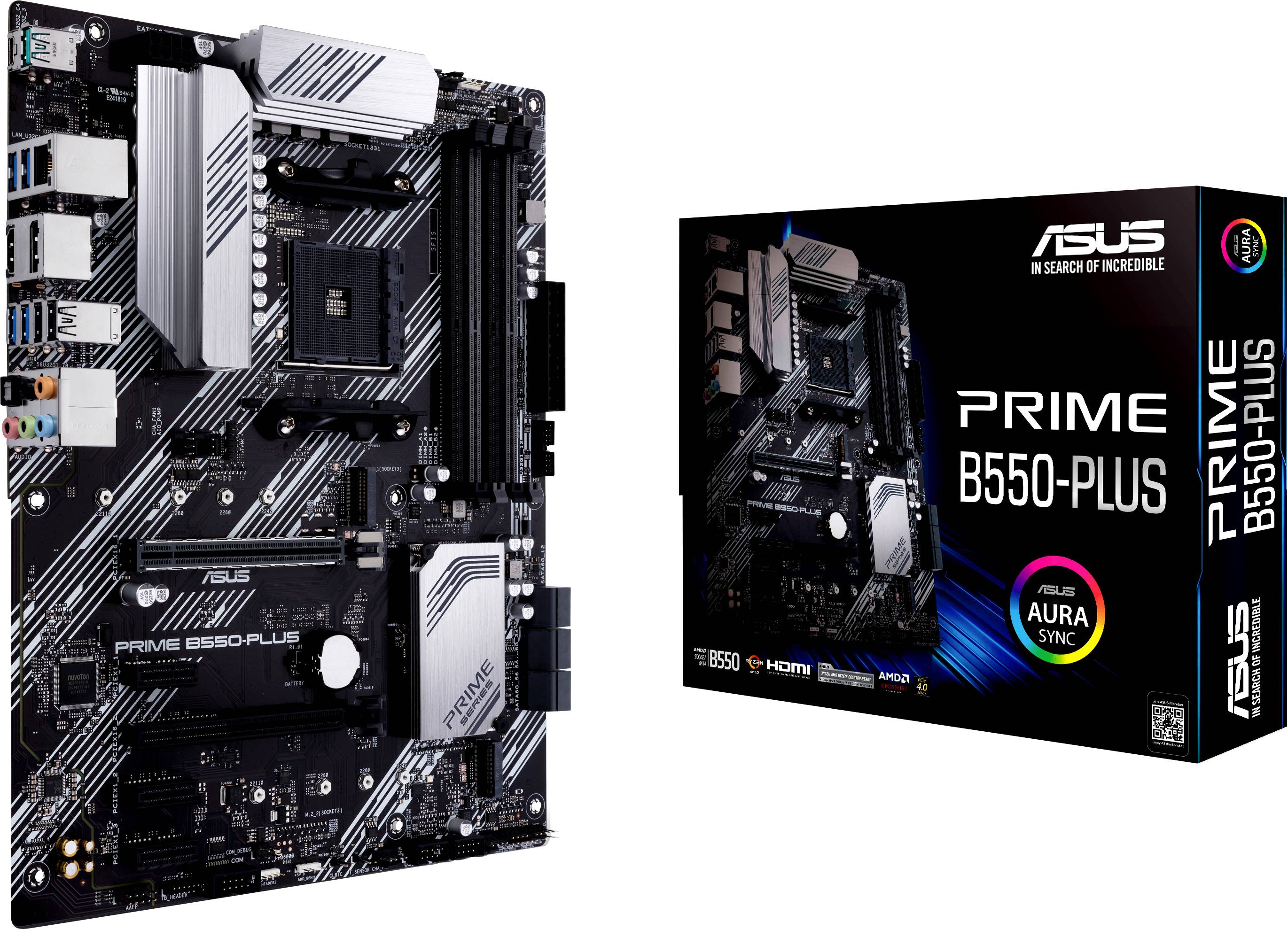 Motherboard ASUS Prime B550-Plus neben Verpackung, zeigt Anschlüsse und Design. Unterstützt Ryzen-Prozessoren und PCIe 4.0.
