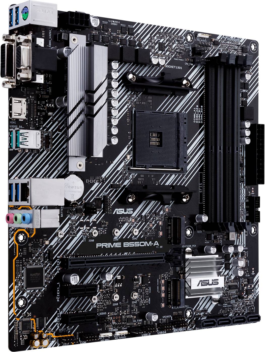 'ASUS Motherboard PRIME B550M-A', zeigt Anschlüsse, RAM-Steckplätze und Kühlkörper auf der Platine für Computerbau.