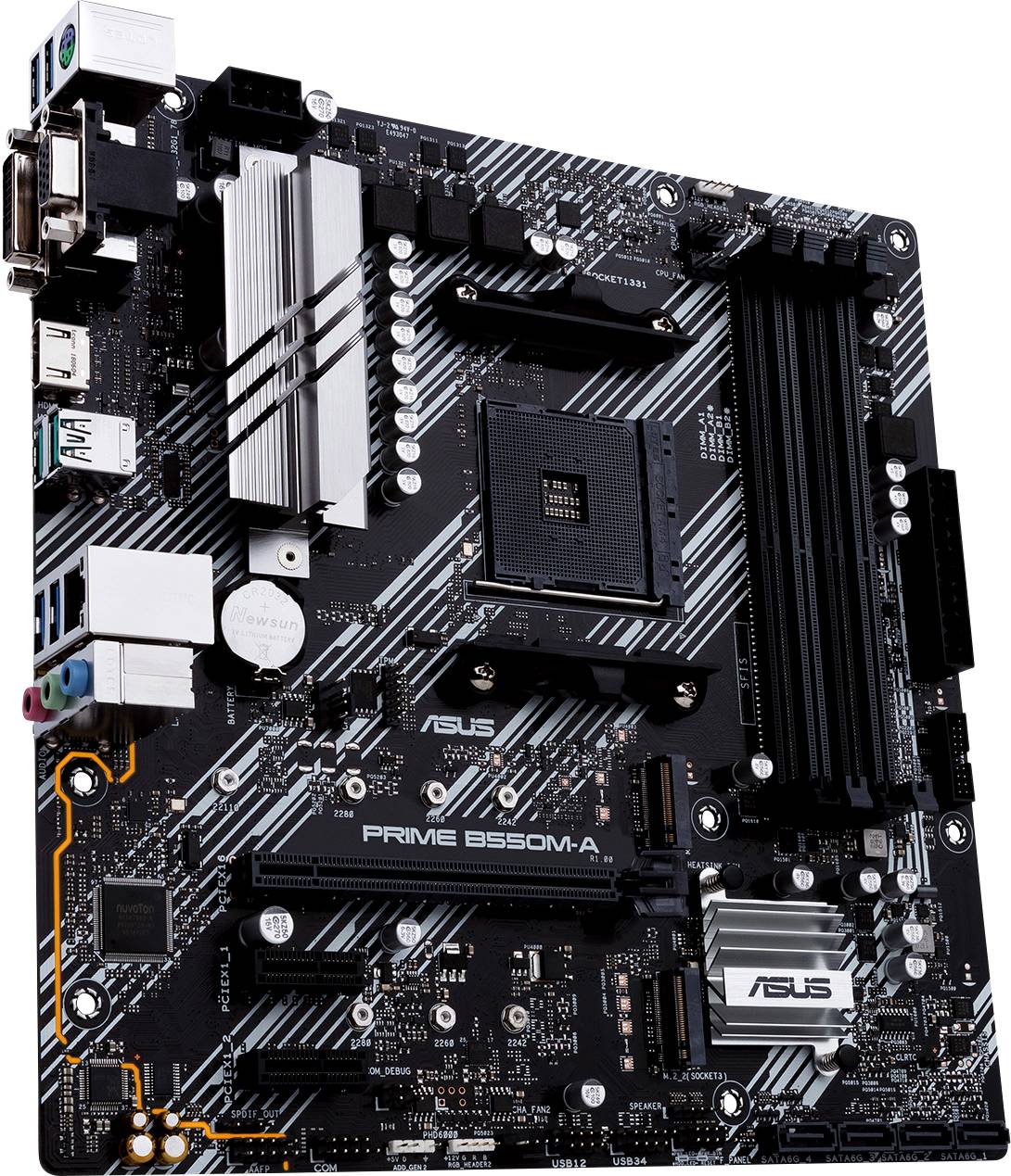 Eine Hauptplatine (Mainboard) mit mehreren Anschlüssen und Steckplätzen, darunter RAM-Steckplätze, PCIe-Slots und USB-Anschlüsse, Modell 'PRIME B550M-A'.
