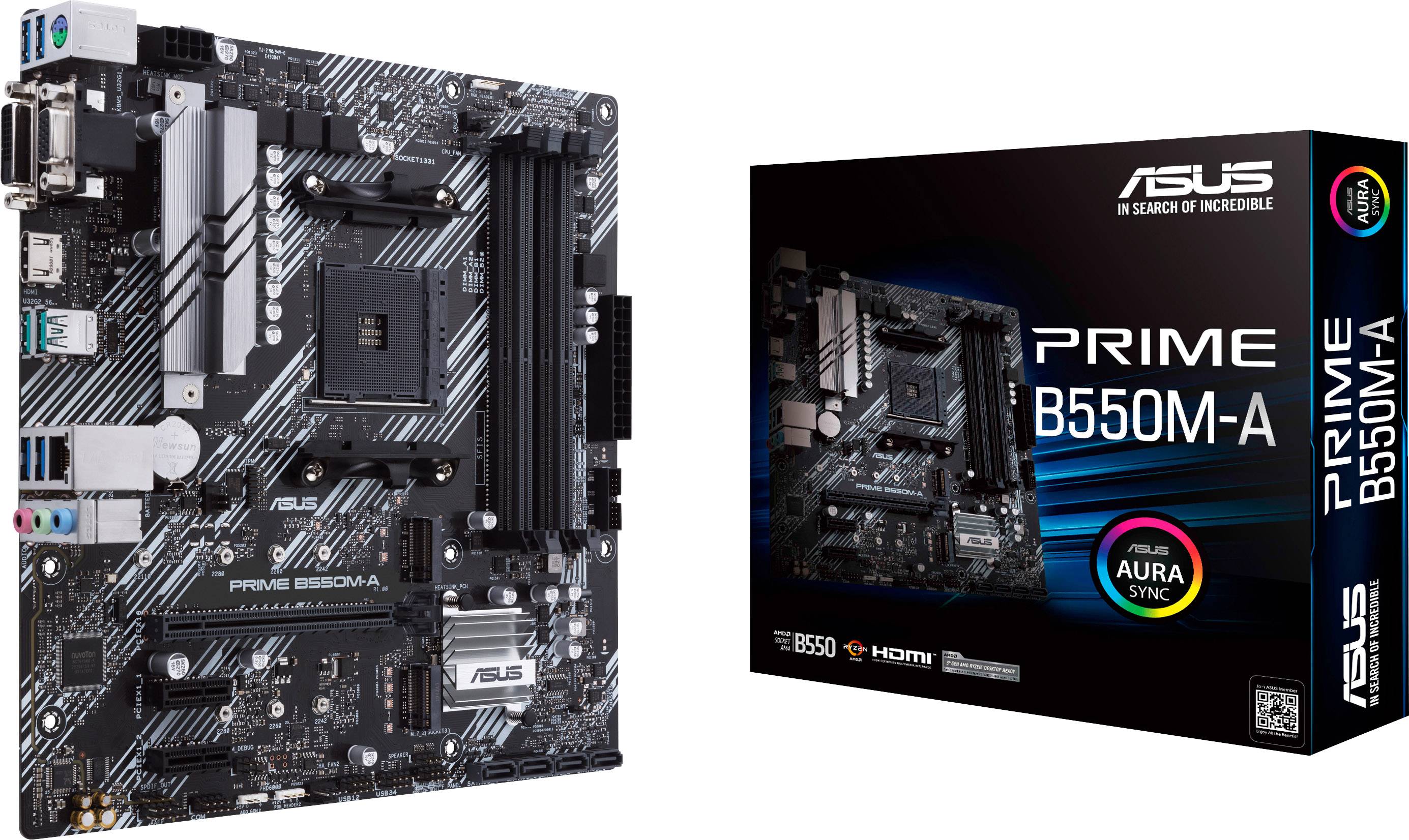 Eine ASUS Prime B550M-A Hauptplatine neben ihrer Verpackung. Die Verpackung hebt 'Aura Sync' und 'B550' Kompatibilität hervor.
