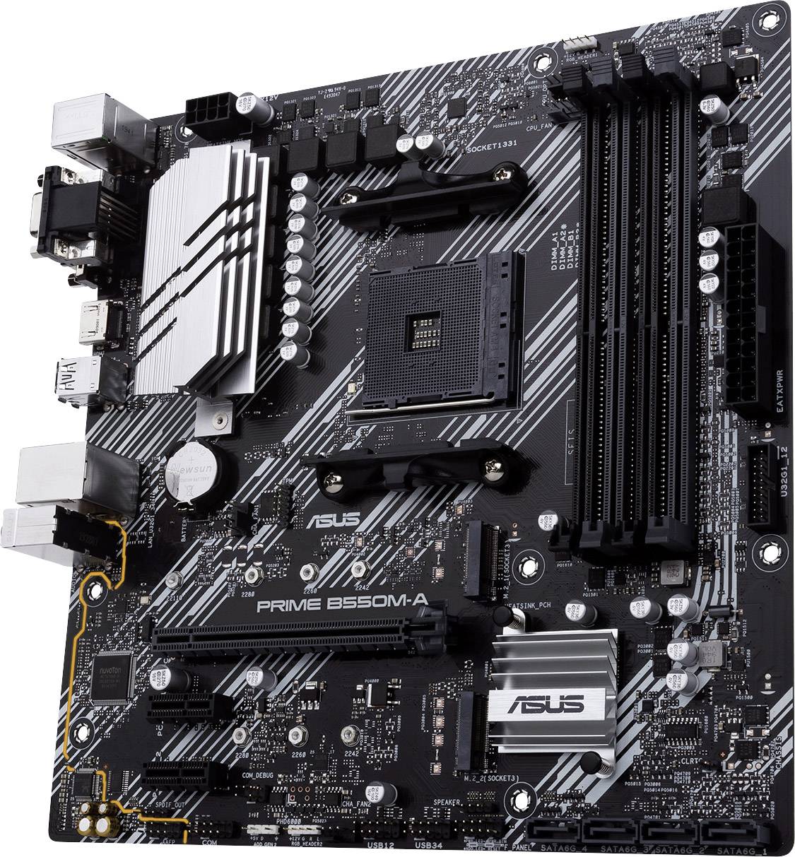 Schwarzes ASUS PRIME B550M-A Motherboard mit PCIe-Steckplätzen, RAM-Steckplätzen und Anschlüssen für CPU, Grafik- und Soundkarten.