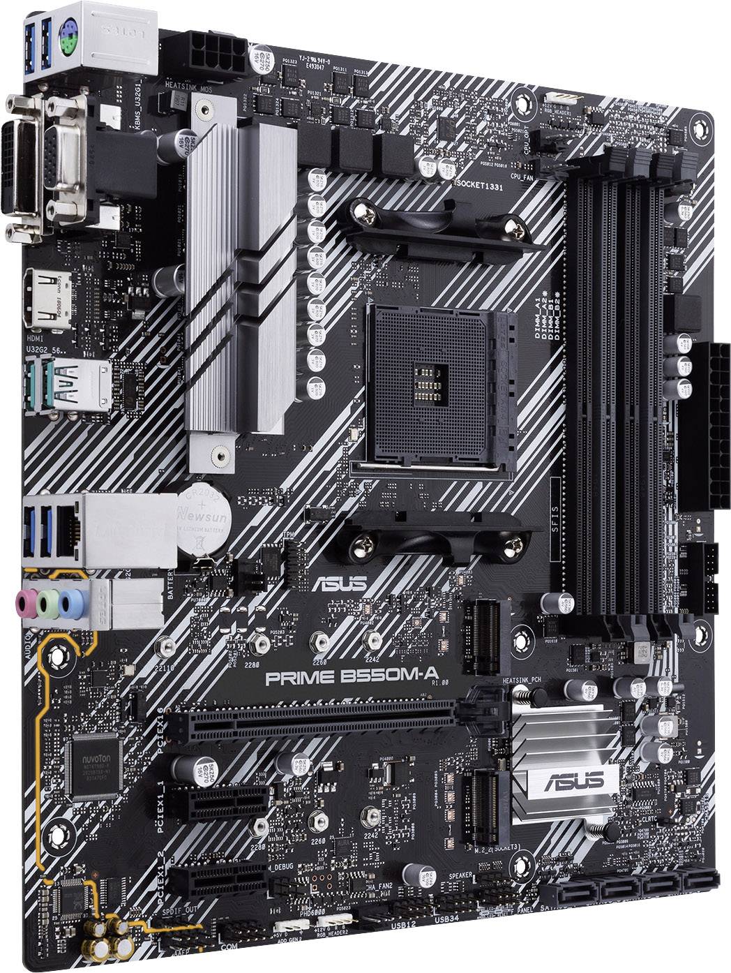 Eine schwarze Asus Prime B550M-A Hauptplatine mit mehreren Steckplätzen und Anschlüssen, geeignet für leistungsstarke Computeranwendungen.