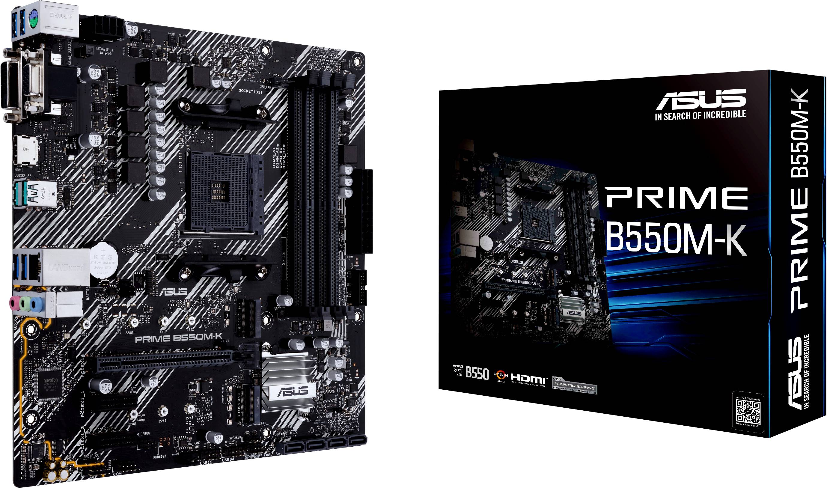 Motherboard ASUS Prime B550M-K neben ihrer Verpackung, die technische Informationen und ein Bild des Motherboards zeigt.