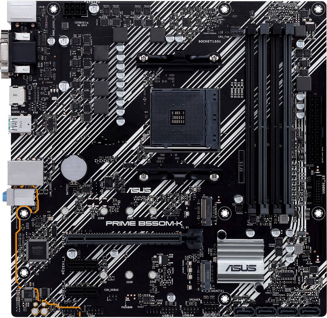 Eine Hauptplatine mit verschiedenen Anschlüssen, Chips und Steckplätzen. Modell: 'ASUS PRIME B550M-K'. Geeignet für Computeraufbau.