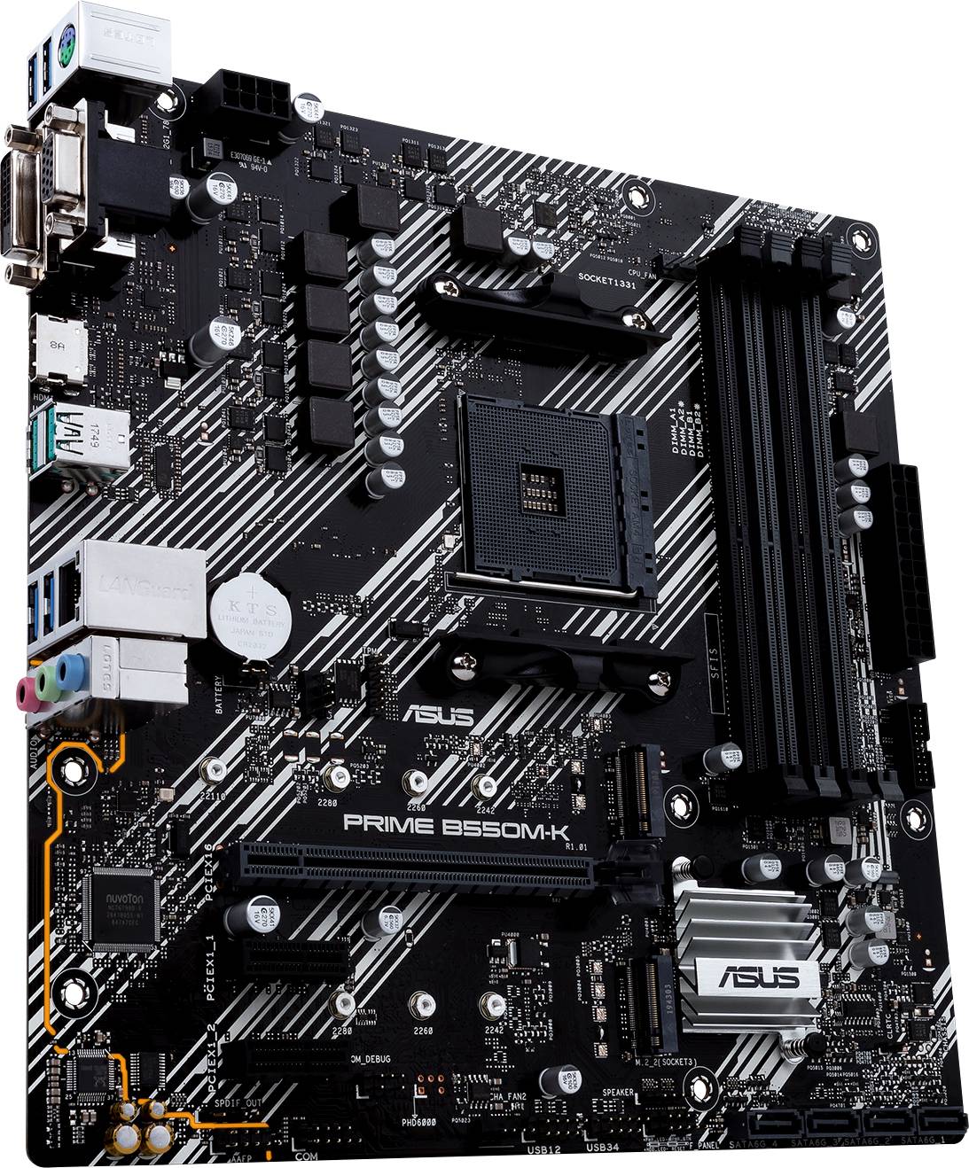 Schwarzes ASUS Prime B550M-K Mainboard mit verschiedenen Anschlüssen und Steckplätzen für CPU, RAM und Erweiterungskarten.