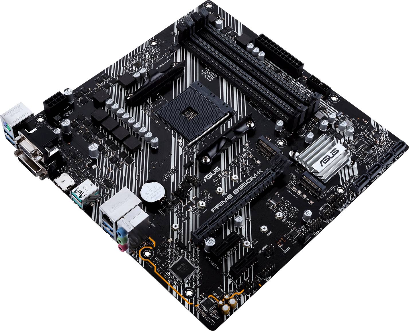 'ASUS PRIME B550M-K Motherboard' mit mehreren Steckplätzen und Anschlüssen, geeignet für Computer-Builds und -Upgrades.