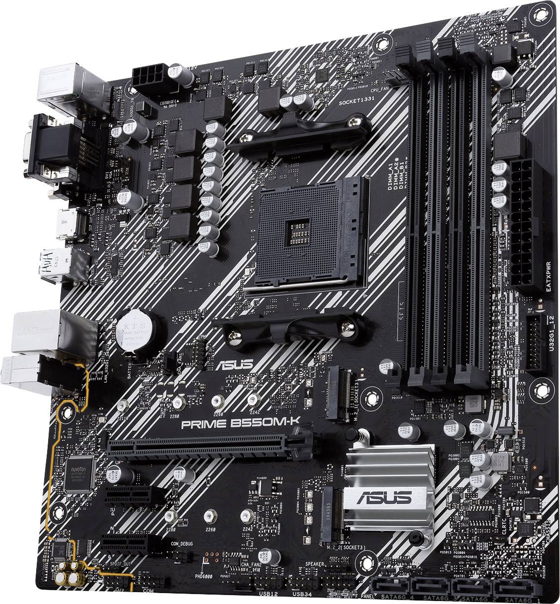 Schwarzes ASUS Prime B550M-K Mainboard mit mehreren Steckplätzen und Anschlüssen, einschließlich PCIe-Slots und RAM-Bänken.