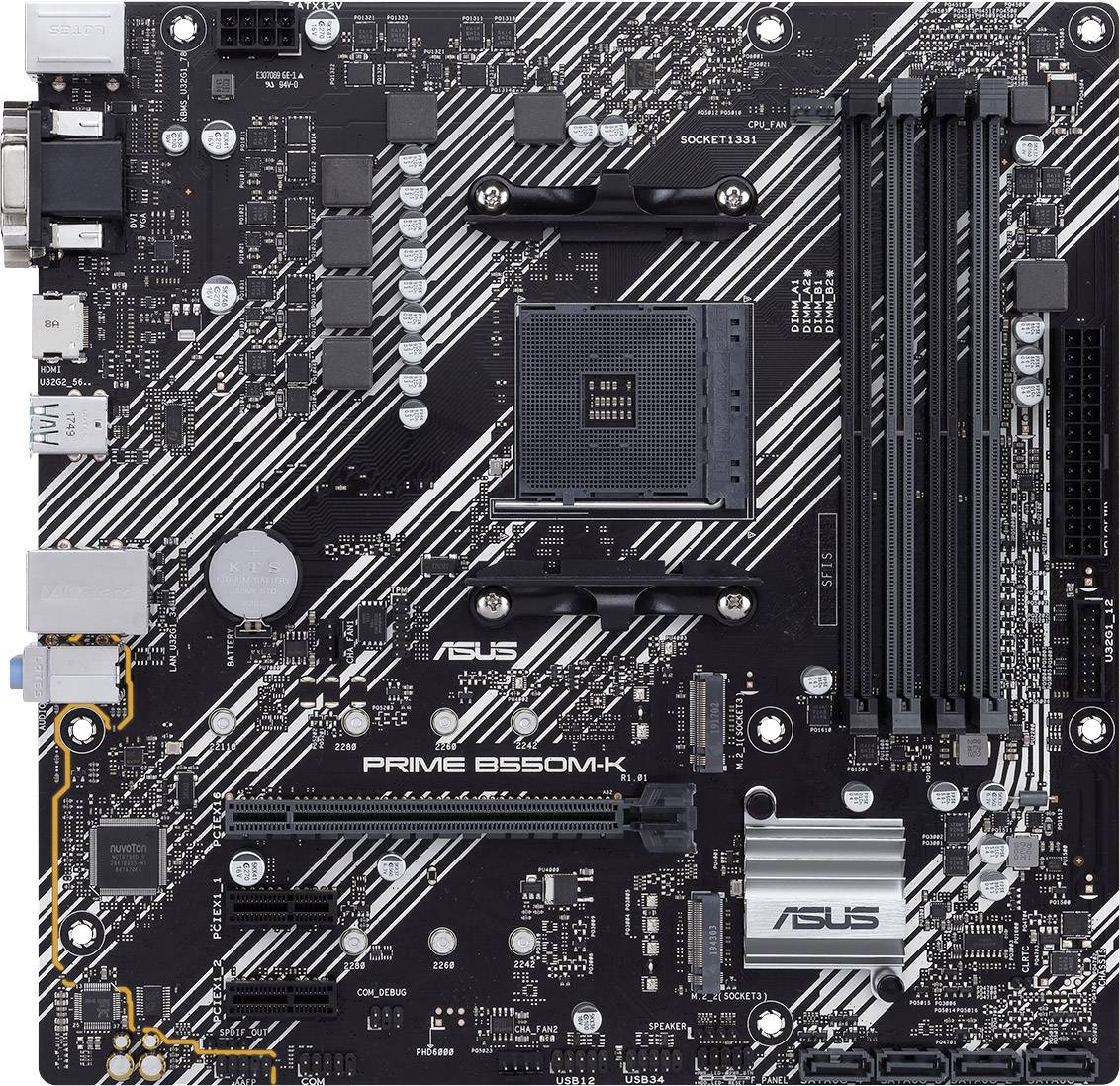 Mainboard ASUS PRIME B550M-K, AM4 Sockel, zwei RAM-Steckplätze, mehrere PCIe-Steckplätze, USB-Anschlüsse zahlreich vorhanden.