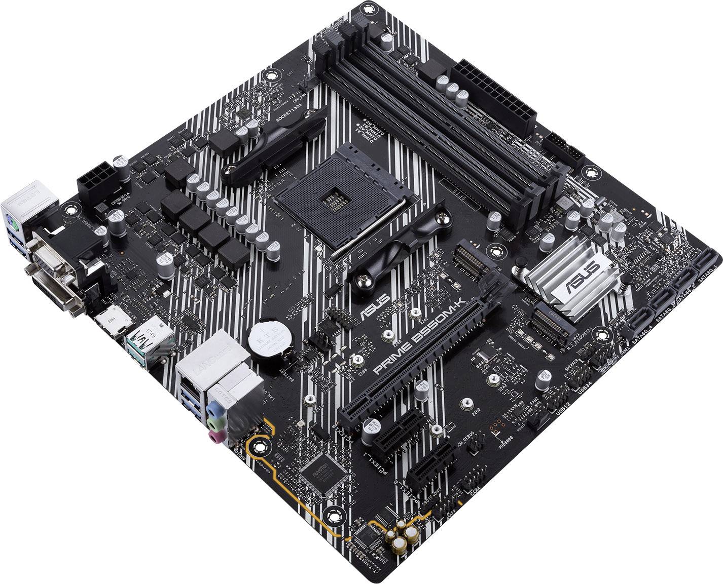 Ein schwarz-weißes Computer-Motherboard mit mehreren Anschlüssen und Erweiterungssteckplätzen. Aufschrift 'PRIME B350M-K'.