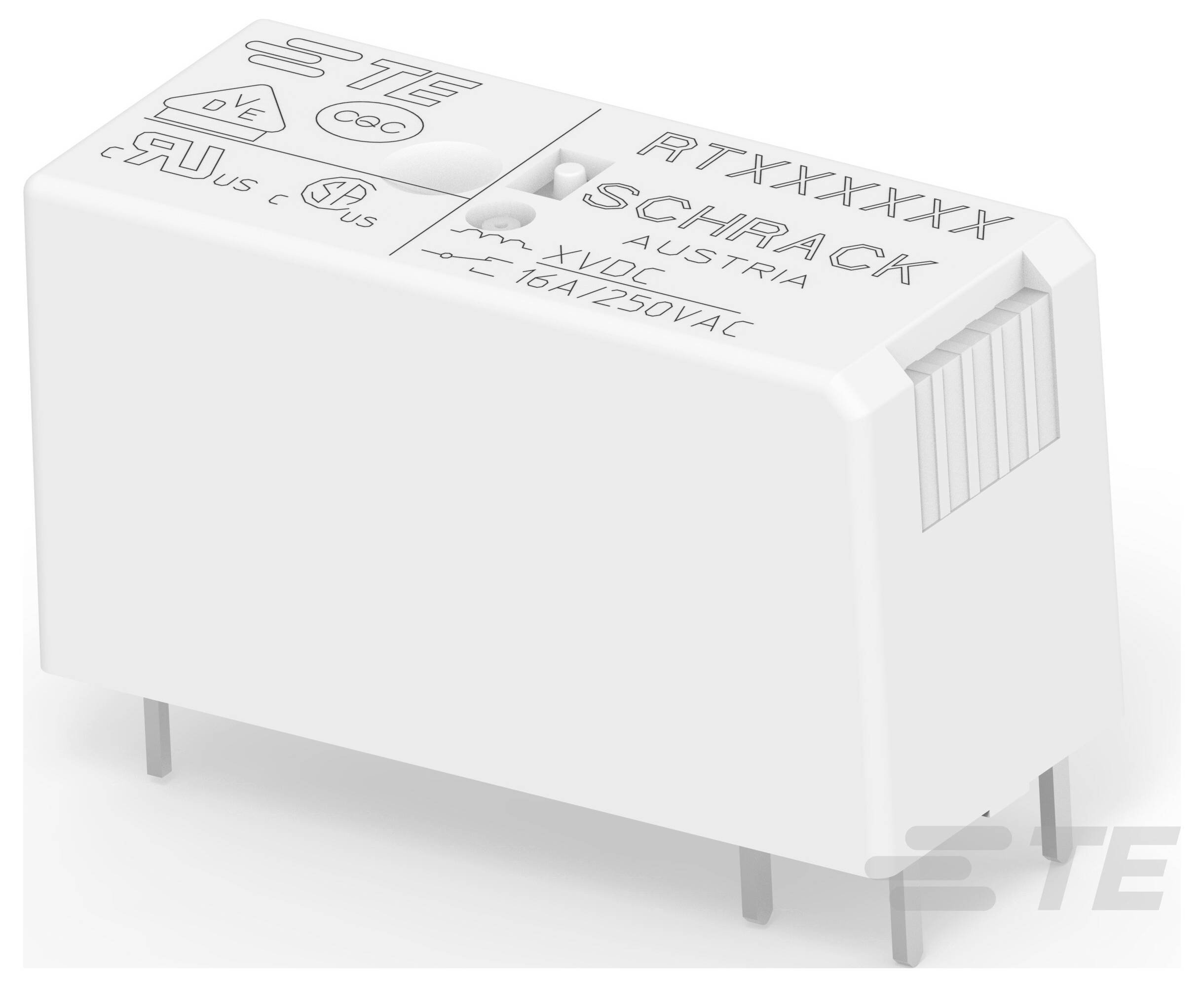Weißes rechteckiges elektronisches Relais mit der Bezeichnung „TE RZ03-1C4-D012 SCHRACK 12VDC 16A/250VAC