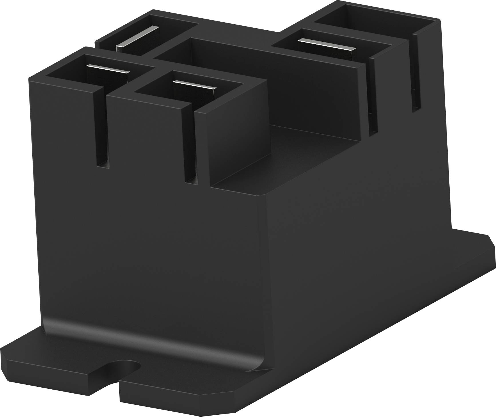 Schwarzes Kunststoff-Bauteil mit drei quadratischen Steckanschlüssen und rechteckigem Sockel. Möglicherweise ein elektrischer Verbinder.