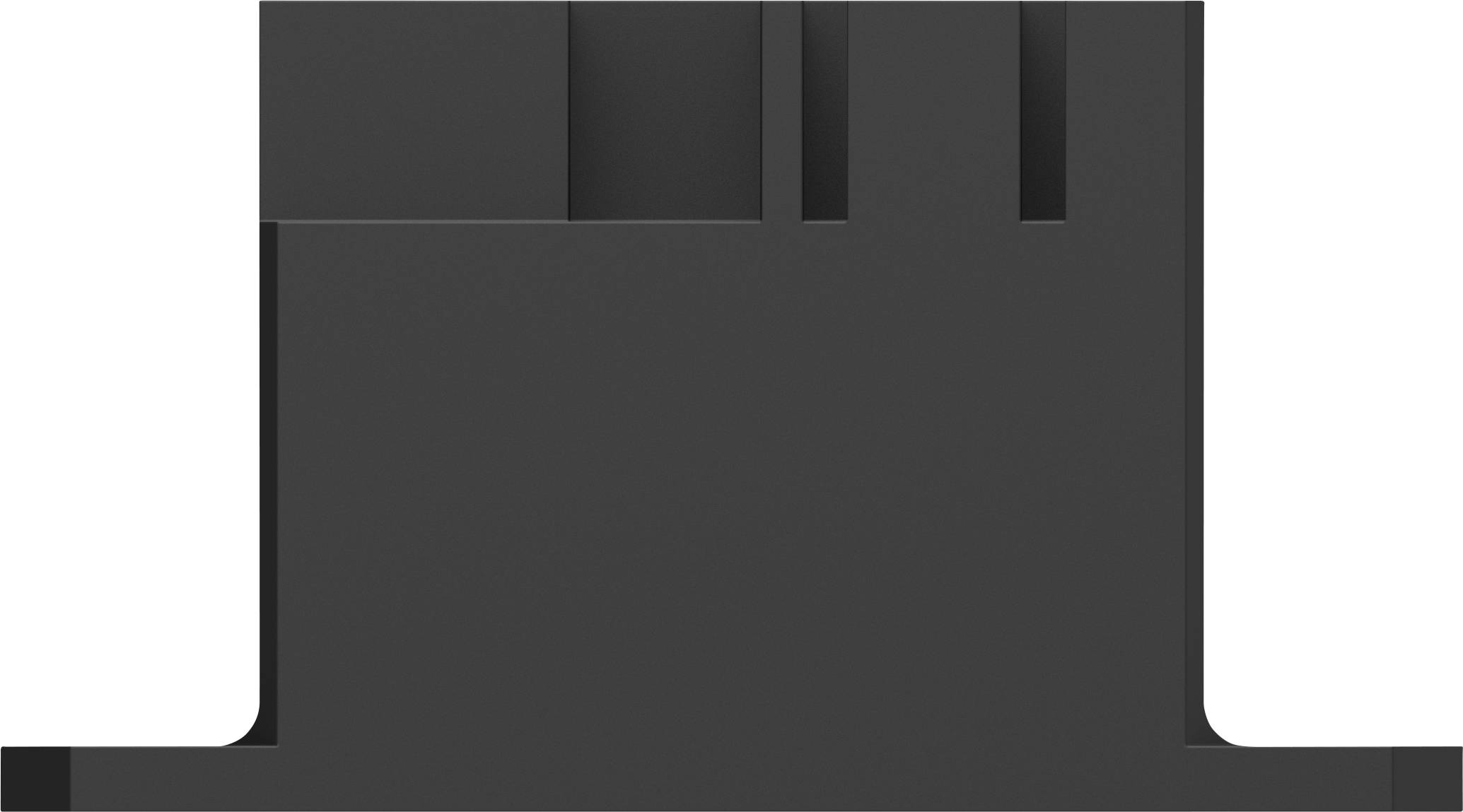 Ein schwarzes Bauteil aus Kunststoff mit rechteckigen und runden Vertiefungen, die möglicherweise als Halterungen dienen könnten.