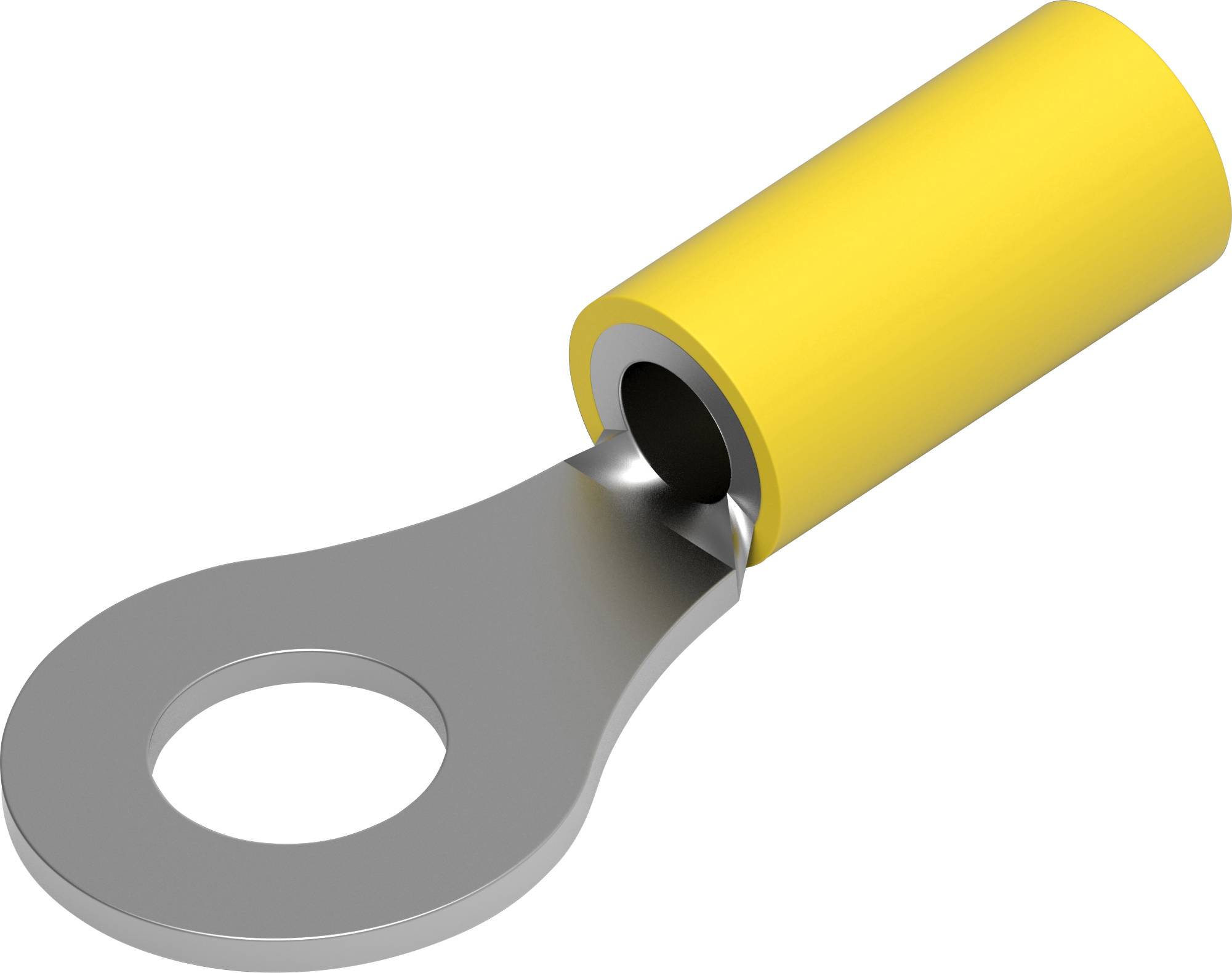 Ein gelber Ringkabelschuh mit Metallring und Kunststoffisolierung, verwendet zur sicheren Befestigung von Kabeln an Anschlussstellen.
