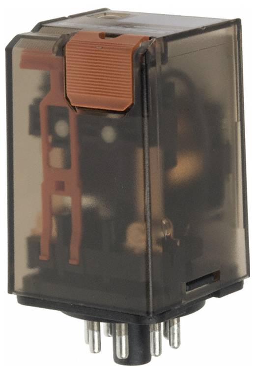 Ein transparentes elektrisches Relais mit sichtbaren internen Komponenten und mehreren Metallstiften an der Basis, das zum Schalten von Schaltkreisen verwendet wird.