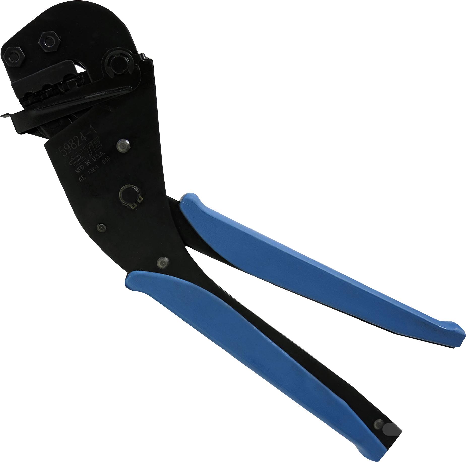 Crimpwerkzeug mit blauem Griff verwendet zum Verbinden von Kabeln und Steckverbindern. Geeignet für verschiedene Drahtstärken.