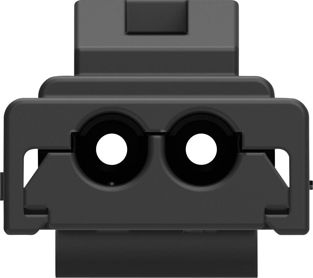 Grauer Kunststoffstecker mit zwei runden Löchern, frontal betrachtet.