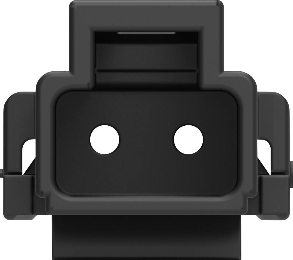 Schwarzer Kunststoffverbinder mit rechteckiger Form und zwei runden Löchern in der Mitte, Ansicht von vorne.