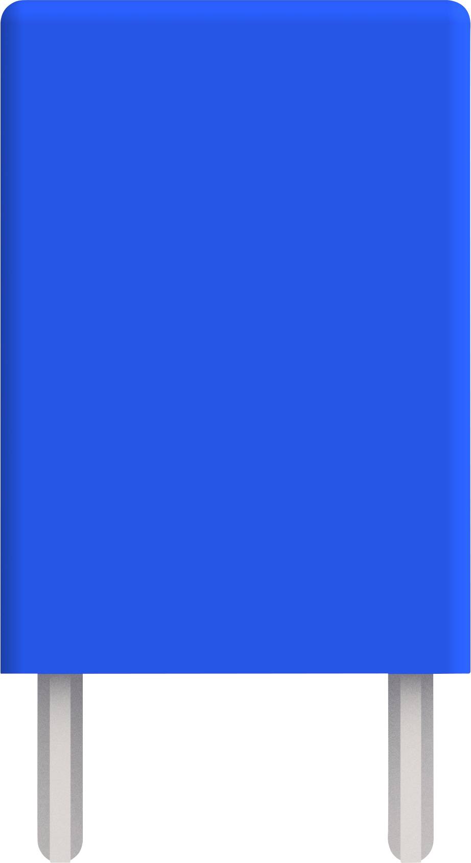 Blauer Kondensator mit zwei Metallanschlüssen, vertikal platziert. Elektronik-Bauteil für Schaltungen und Energie-Speicherung.