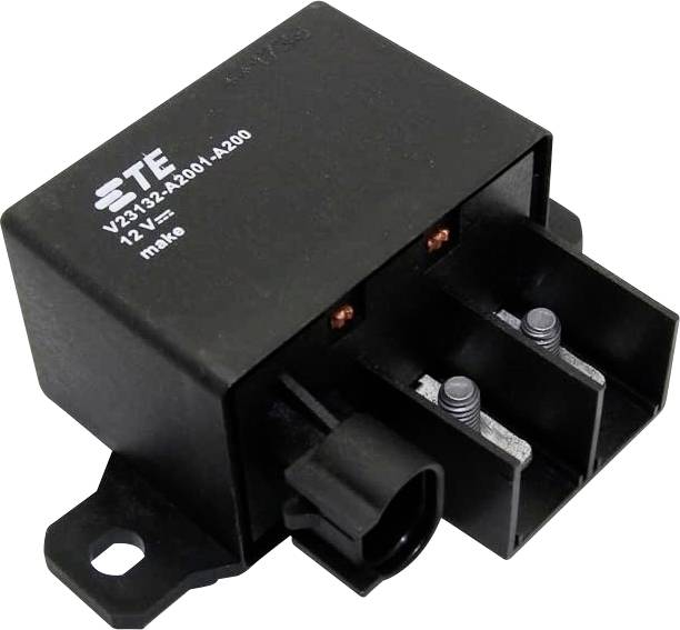 Schwarzes elektronisches Bauteil mit zwei Metallstiften und weißer Beschriftung: 'STE, V2/32-12-A2001-A200, 12V, make'.