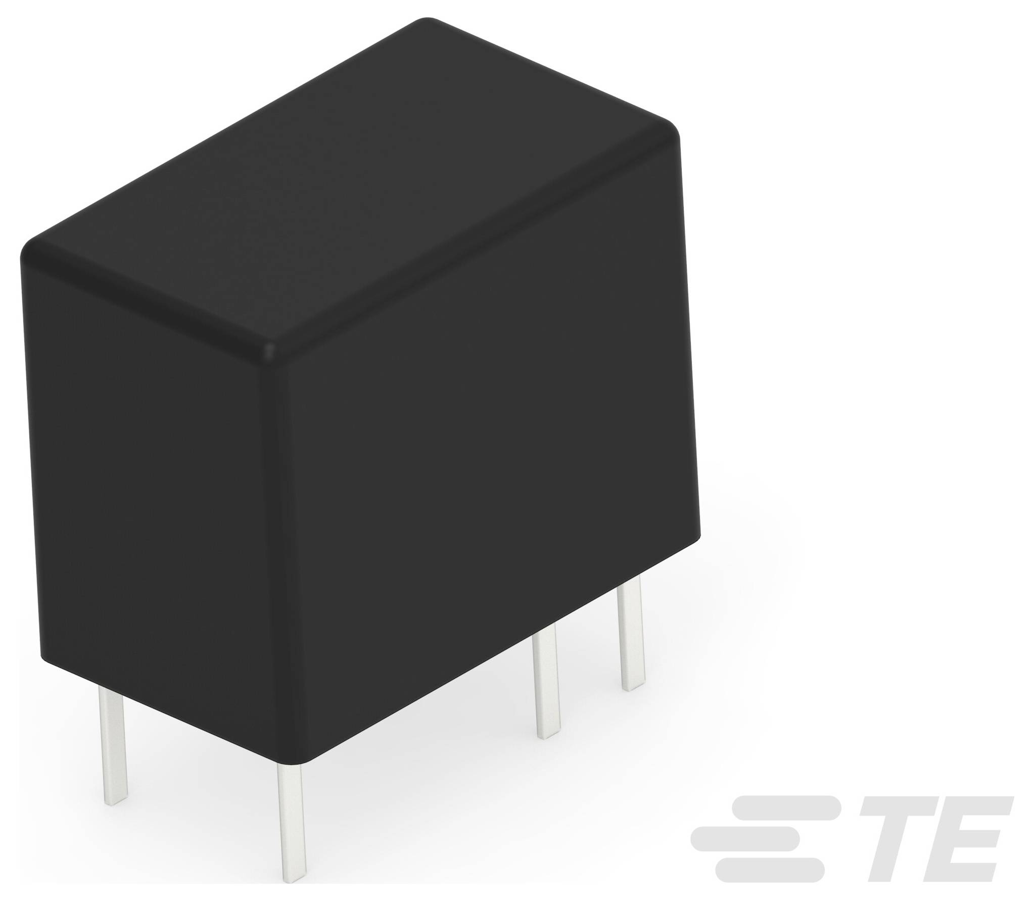Ein schwarzes rechteckiges elektronisches Relais mit vier Metallstiften wird gezeigt, das für die Montage auf Leiterplatten ausgelegt ist. Das Logo 'TE' ist schwach in der Ecke sichtbar.