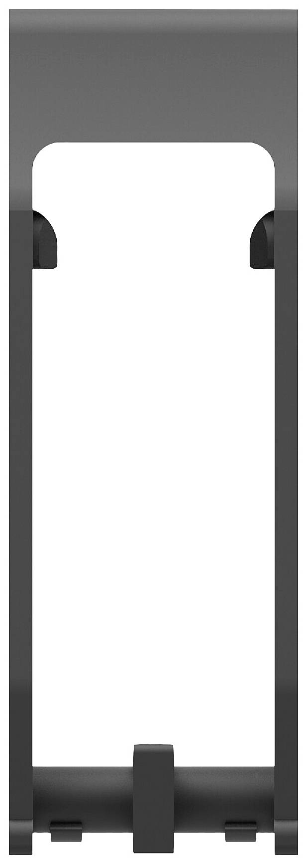 Eine schwarze, rechteckige Metallhalterung, die horizontal ausgerichtet ist, mit einer offenen Mitte und einem kleinen Querträger unten.