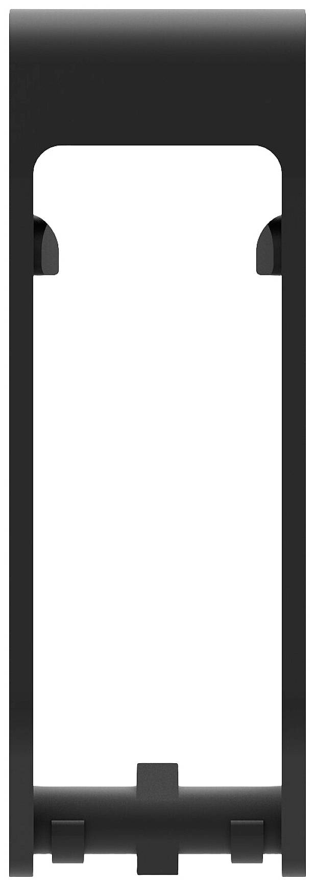 Schwarze, rechteckige Halterung mit offenem Mittelteil. Funktion unklar, möglicherweise für Gerätebefestigung oder Kabelhalterung.