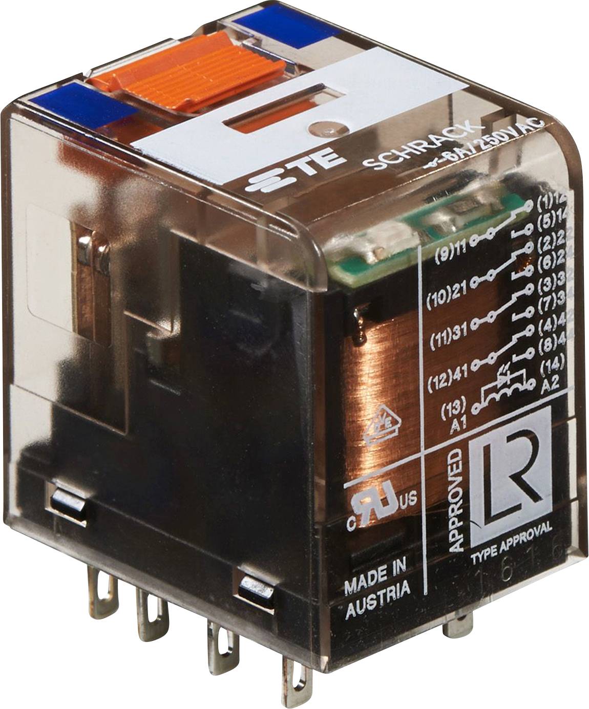 Ein durchsichtiges Elektromodul mit Kupferspule, mehreren Metallpins und Beschriftung 'SCHRACK', hergestellt in Österreich.