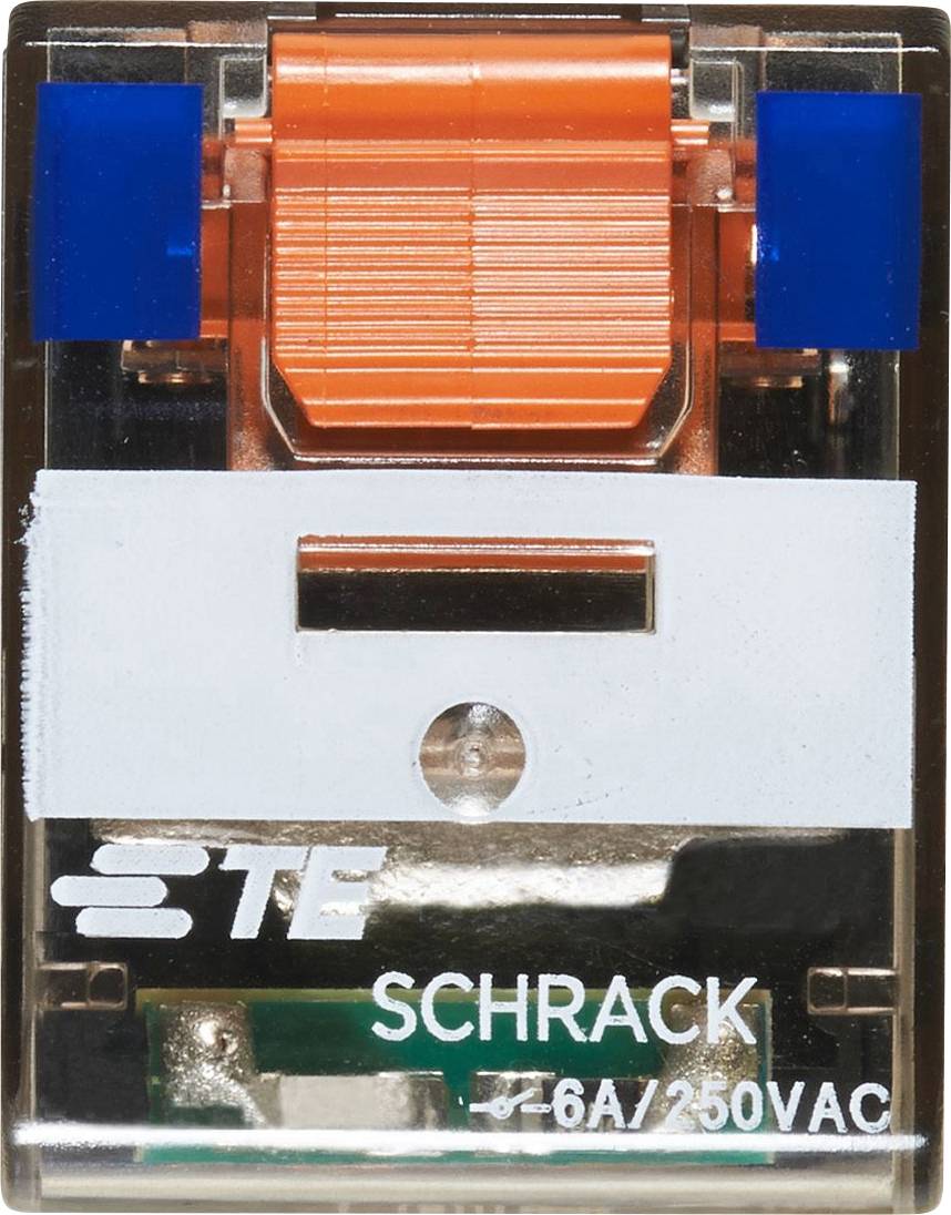Relais mit orangefarbenem Hebel, Schaltstrom: 6A/250VAC, Marke TE Schrack, Frontansicht, geeignet für elektronische Anwendungen.