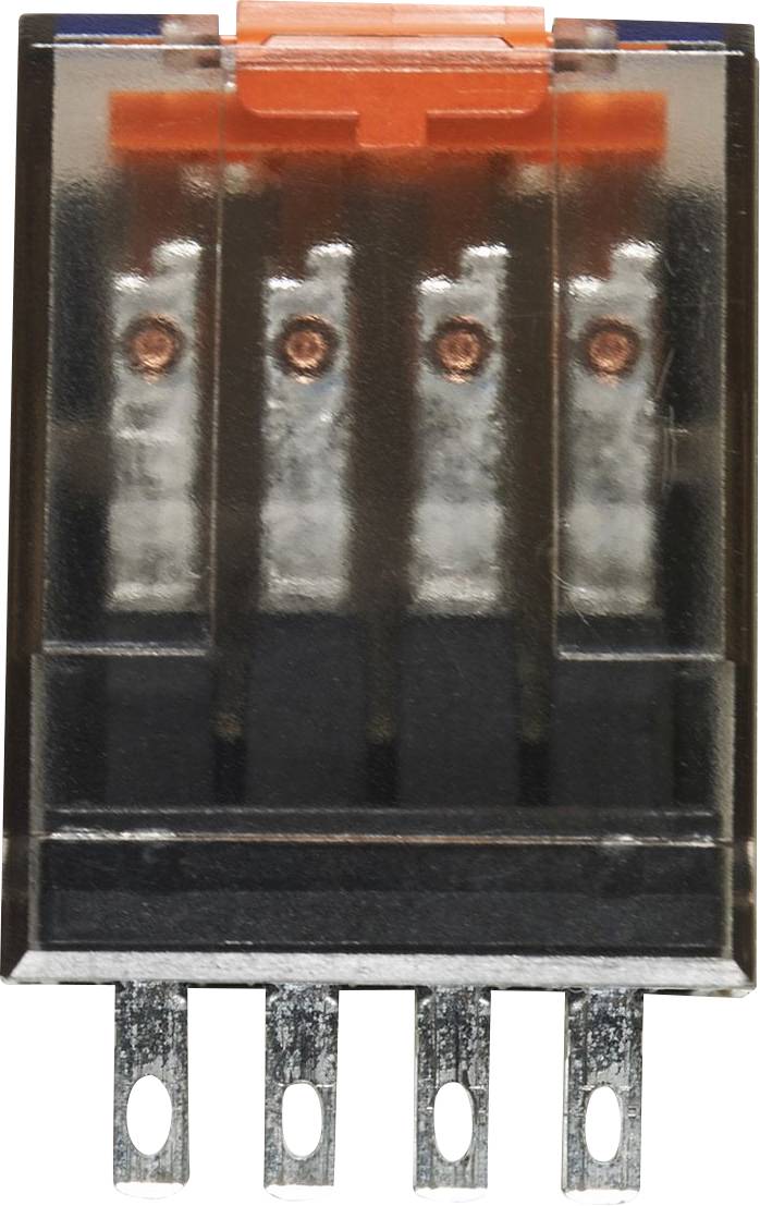 Ein rechteckiges elektrisches Relais mit durchsichtiger Kunststoffhülle, vier Anschlüssen und rotem Element oben sichtbar.