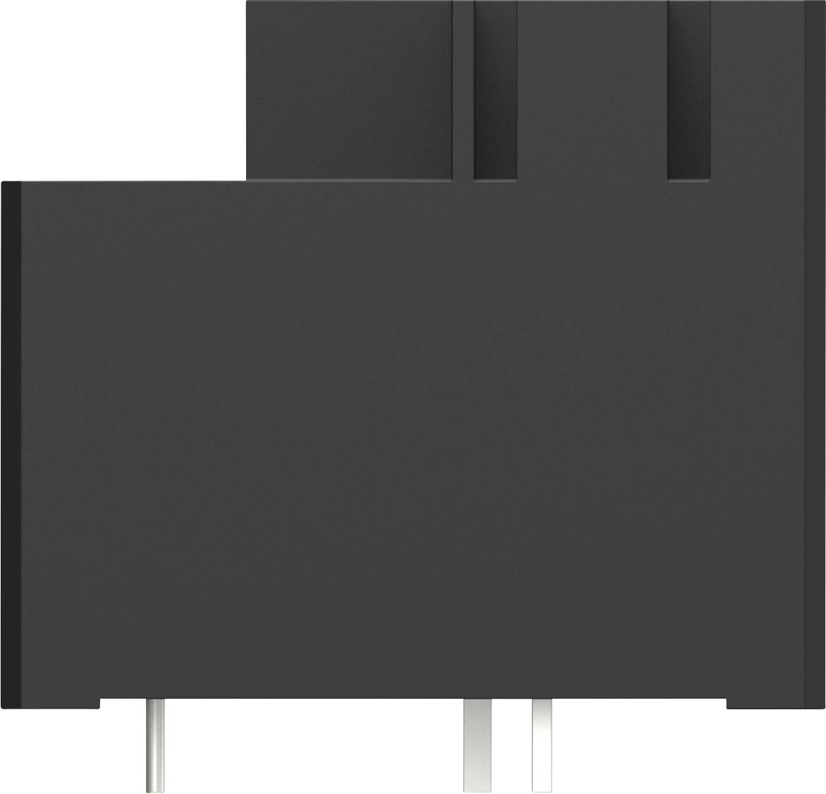 Schwarzes, rechteckiges elektronisches Bauteil mit zwei Metallstiften unten, wahrscheinlich für den Einsatz in einem elektronischen Gerät.