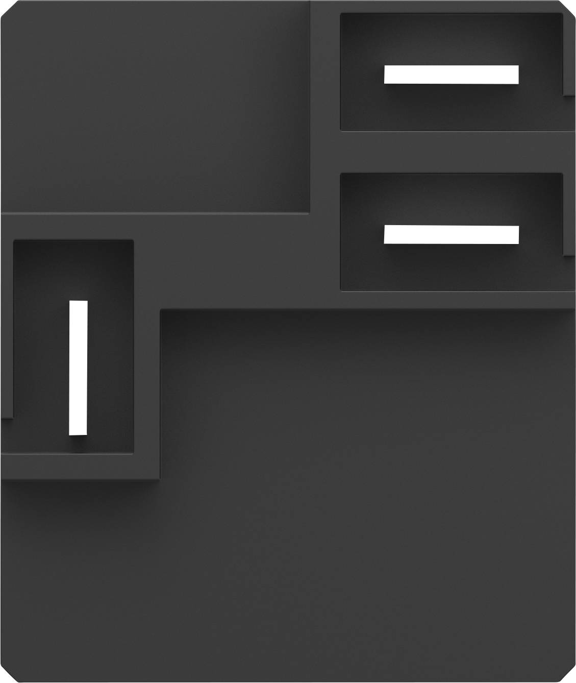 Schwarzes Wandregal mit asymmetrischen Fächern und vertikalen weißen Leisten. Modernes Design, minimalistische Ästhetik.