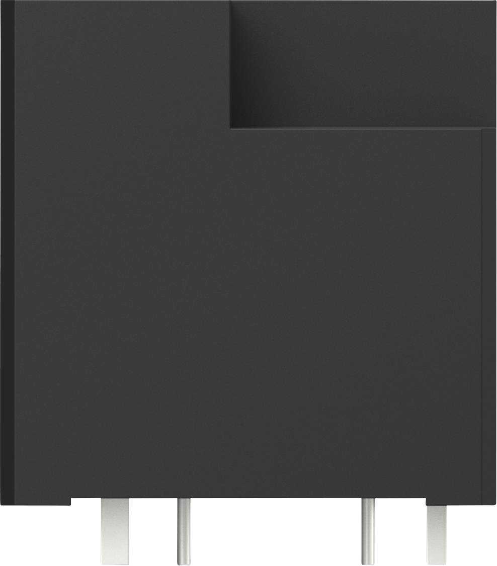 Schwarz-grauer rechteckiger Gegenstand mit Metallstiften am unteren Rand. Das Design hat eine L-förmige Aussparung.