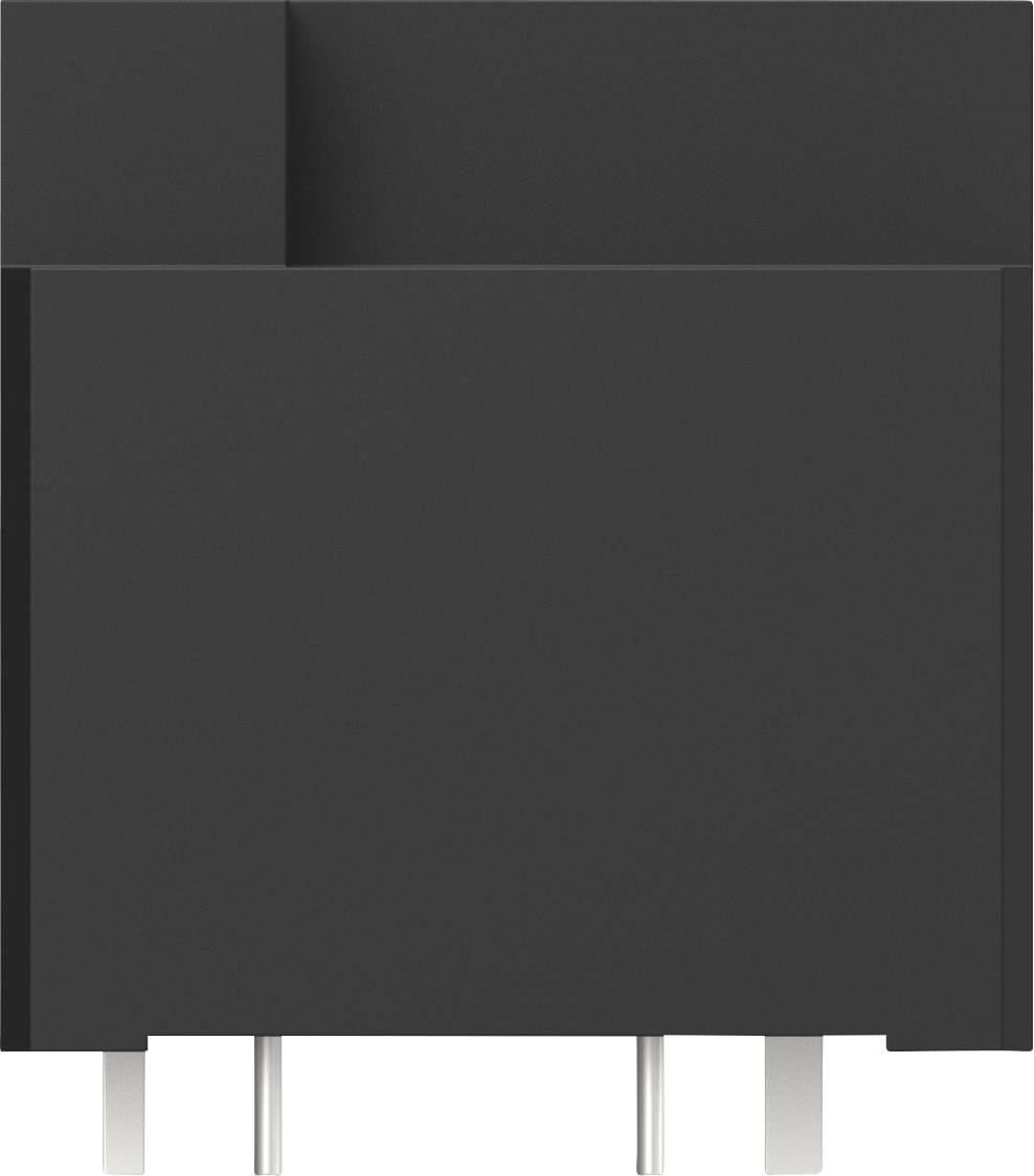 Ein schwarzer elektrischer Schalter mit drei Metallpins unten.